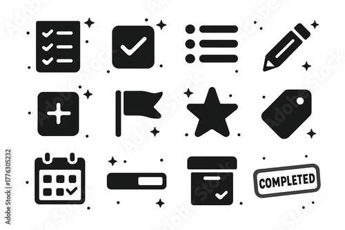Task Management Icons. To-Do and Tasks. Solid icons set of To-Do and Tasks: checklist, checkbox tick, bullet list, pencil edit, plus task, priority flag, star