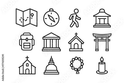 Sacred Journey Icons. Sacred journey map. Line outline icon set of sacred journey map: map, compass, path,