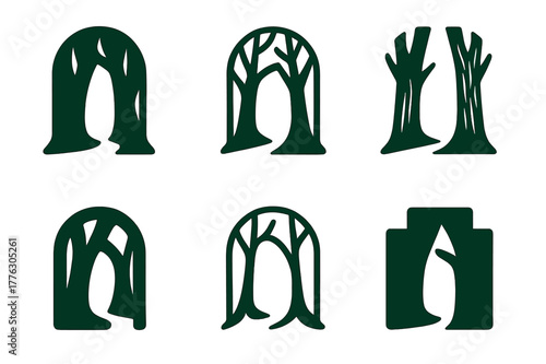 Forest Shortcut Logos. Forest shortcut. Set Logo of Forest shortcut: tree trunks forming opening. harmonious logo variations of the same emblematic concept,