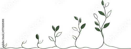 Seed to sprout growth stages line art silhouette, minimal black and white seedlings evolving along a timeline, concept.