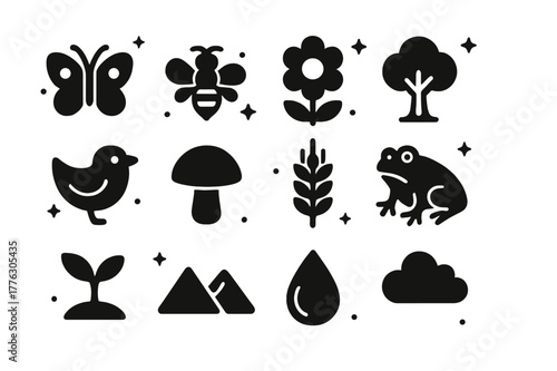 Biodiversity Icon Grid. Biodiversity Farming. Solid icons set of Biodiversity Farming: butterfly, bee, flower, tree, bird, mushroom, wheat stalk, frog, plant