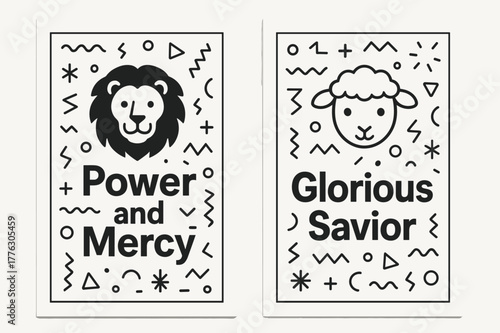 Lion and Lamb Banners. Lion and Lamb. Two vertical A6 banners with safe margins, centered composition, no elements touching edges, memphis, black and white,