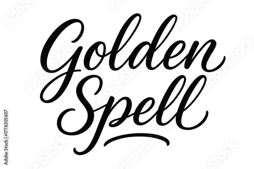 Golden Script Elegance. Golden Spell ? Script Hand-Lettering: flowing brush script with smooth curves and airy