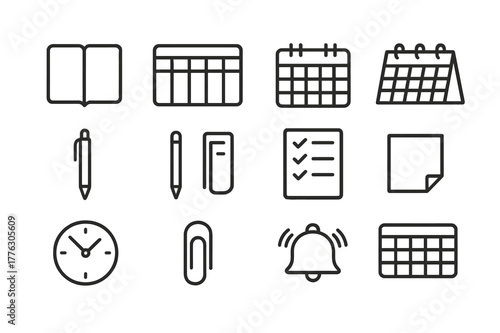 Weekly Planning Icons. Weekly planning. Line outline icon set of weekly planning: planner notebook, weekly