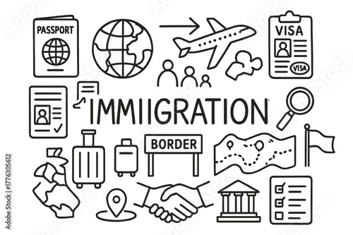 Immigration Doodle Icons. Immigration. Hand-drawn doodle illustration of immigration policies. Passport,