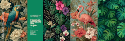 Tropical Oasis: Flamingo, Parrot & Lush Flora. ector illustrations of exotic tropical scenes, featuring majestic flamingo, parrot, and lush patterns of hibiscus, orchids, and monstera leaves.