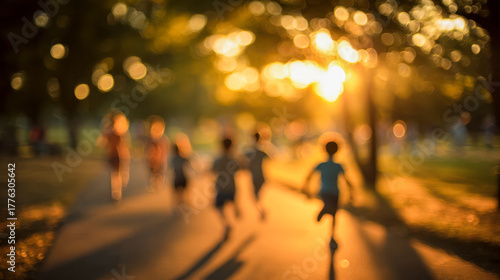 Silhouetted children running joyfully on a sunlit pathway in a park during golden hour with a warm, dreamy atmosphere and bokeh lights in background