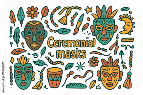 Ceremonial Mask Doodles. Ceremonial masks. Hand-drawn doodle illustration of ceremonial masks. Mask, feathers,