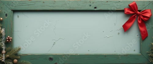 Grüner Holzrahmen mit roter Schleife und Tannenzweig als festlicher Hintergrund mit Textfreiraum Generative KI