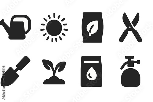 Plant Care Icons. Plant care. Filled icon set of plant care: watering can, sunlight icon, fertilizer bag,