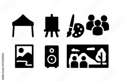 Outdoor Art Icon Set. Outdoor art event. Filled icon set of outdoor art event: tent, canvas, easel, paintbrush