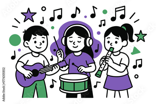 Musical Creativity Burst. Music and rhythm. Children playing instruments with abstract floating icons of