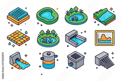 Colorful Isometric Icons. Stormwater management. Colorful isometric vector icons set of Stormwater management: storm drain grate, detention pond, retention