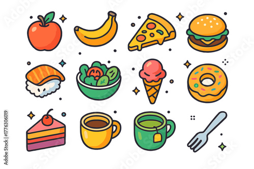 Colorful Isometric Food Icons. food. Colorful isometric vector icons set of food: apple, banana, pizza, hamburger, sushi, salad, ice cream, donut, cake,
