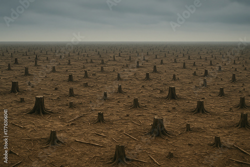 Vast barren landscape filled with tree stumps under cloudy sky, symbolizing deforestation, forest loss, and environmental destruction caused by human impact.