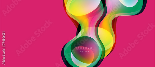 Abstract colorful waves, overlapping shapes create dynamic design. Pink backdrop enhances vibrant hues, modern aesthetic.