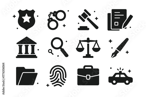Law Enforcement Icons. Law Enforcement. Solid icons set of Law Enforcement: police badge, handcuffs, gavel, hand holding document, courthouse, magnifying
