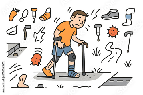 Uneven Stride Illustration. Weak step. Hand-drawn doodle illustration person walking (colored), uneven stride (colored), crutch (colored), cane (colored),