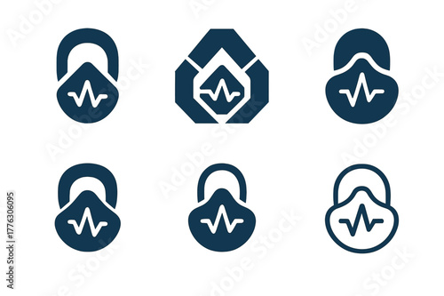 VO2 Max Logos. VO2 max testing. Set Logo of VO2 max testing: breathing mask with oxygen graph. harmonious logo variations of the same emblematic concept, each