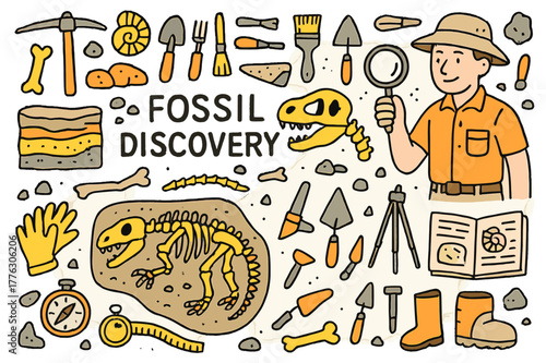 Colorful Fossil Excavation. Fossil discovery. Hand-drawn doodle illustration paleontologist (colored), dinosaur skeleton (colored), fossils