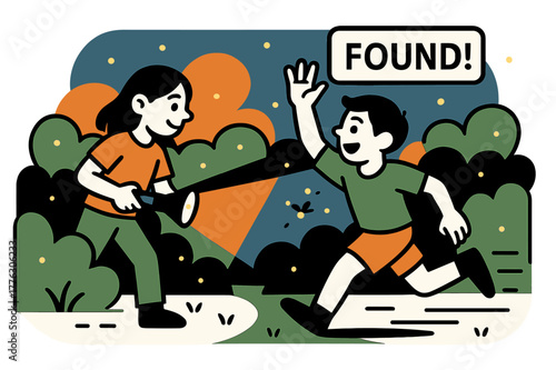 Dusk Flashlight Seek. Flashlight Seek at Dusk. Cones of light sweep between hedges as firefly dots drift. A crisp tag reads ?Found!? near a raised hand and