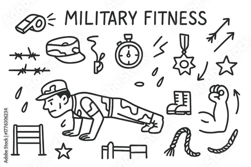 Military Fitness Doodle. Military fitness. Hand-drawn doodle illustration military fitness soldier, push-up pose, whistle, stopwatch, boots, hat, obstacle