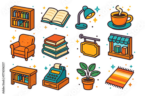 Cozy Bookstore Icons. Cozy bookstore. Colorful isometric vector icons set of cozy bookstore: bookshelf, open book, reading lamp, coffee cup, armchair, book