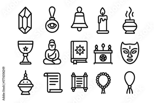 Mystical Icon Collection. Mystical objects. Line outline icon set of mystical objects: crystal, amulet, bell,