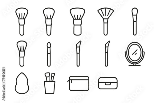 Beauty Brushes Icons. Beauty brushes. Line outline icon set of beauty brushes: powder brush, contour brush,