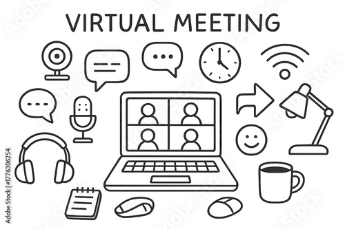 Virtual Meeting Icons. Virtual meeting. Hand-drawn doodle illustration virtual meeting laptop, webcam, microphone, chat bubbles, video grid, clock, wifi