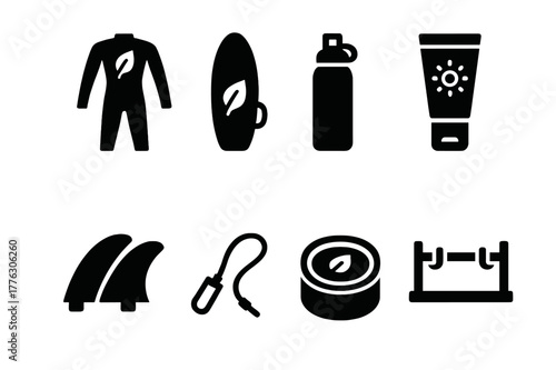 Eco Surf Gear Icons. Eco-conscious surfing gear. Filled icon set of eco-conscious surfing gear: sustainable