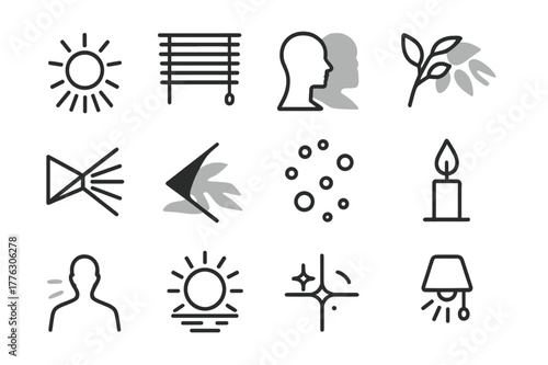 Light and Shadow Icons. Light and Shadow. Line icon set of Light and Shadow: sunbeam, window blinds, silhouette, shadow of leaves, prism rainbow, reflection