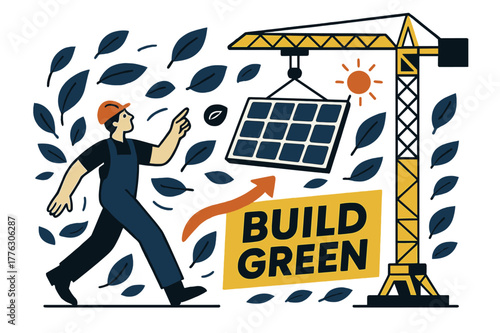 Green Construction Innovation. Sustainable construction. Crane lifting a solar panel instead of steel, leaves floating around the frame; banner reads ?Build