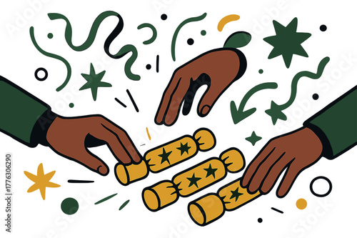 Festive Holiday Arrangements. Holiday preparation. Hands arranging crackers on a glowing table, with floating