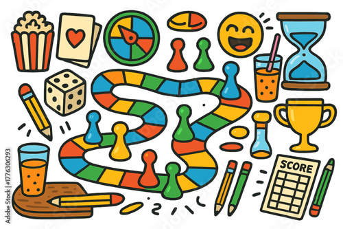 Board Game Night. Board game fun. Colorful Hand-drawn doodle Children illustration Board game fun dice, spinner, cards, pawns, game board, timer, popcorn,