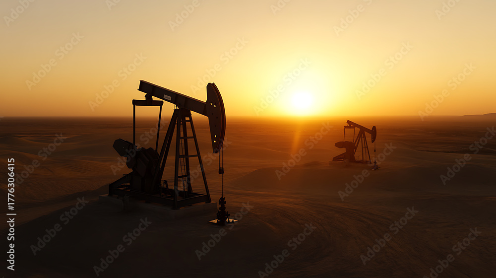 Naklejka premium Silhouetted pump jacks against a setting desert sun,extracting resources. A stark landscape highlighting industrial presence under the warm glow of dusk. Energy landscape.