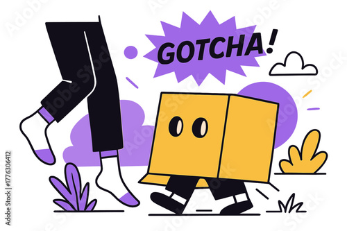 Box Hide-and-Seek. Backyard Box Ambush. A cardboard box with eyeholes shuffles across the grass; the seeker?s socked feet freeze mid-step. ?Gotcha!? pops in