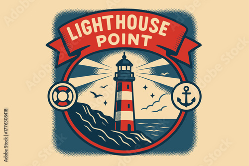 Lighthouse Retro Poster. Lighthouse Point ? Retro Poster; lettering: bold rounded; composition: ribboned seal with side icons; effects: halftone rim + gentle