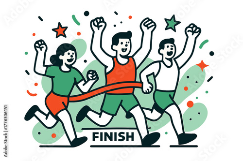 Finish Line Celebration. Race excitement. Runners cross the finish line with arms raised, abstract floating
