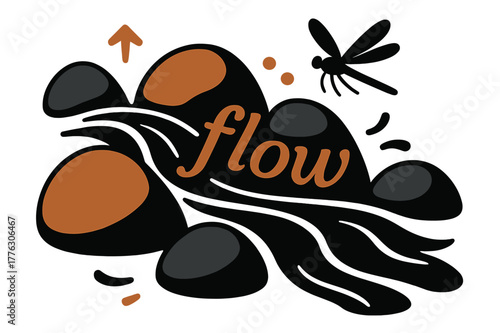 Dragonfly Over Flowing Stream. Pebble ? Stream Whisper. Water glides between stones with thin highlight lines; text ?flow? drifts along the curve. A dragonfly