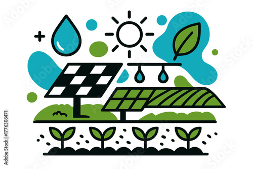 Sustainable Farming Innovation. Green technology. Solar panels and drip irrigation systems over organic fields