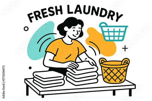 Crisp Towel Folding. Folding Station Scene. A person folds crisp towels on a table; soft motion lines show rhythm and calm. ?Fresh Laundry? floats in smooth