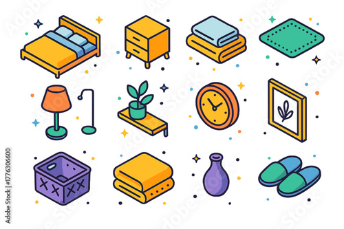 Minimalist Bedroom Icons. Minimalist bedroom design. Colorful isometric vector icons set of Minimalist bedroom design: platform bed, linen bedding, nightstand,