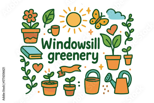 Windowsill Greenery Doodle. Windowsill greenery. Hand-drawn doodle illustration of windowsill greenery. Plant,