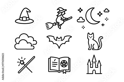 Broomstick Flight Icons. Flying on a broomstick. Line icon set of broomstick flight: witch hat, broomstick, moon, stars, clouds, bat, cat, wand, spellbook,