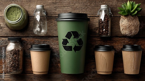 Flat-lay on wood: green recycling symbol in focus, surrounded by paper, plastic, glass & eco coffee cups, zero branding—perfect for eco poster, e-commerce banner, social post, CSR report, edu slide.