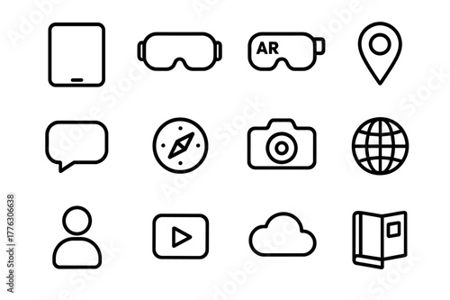 Interactive Icon Set. Interactive tours. Line outline icon set of interactive tours: tablet, VR headset, AR