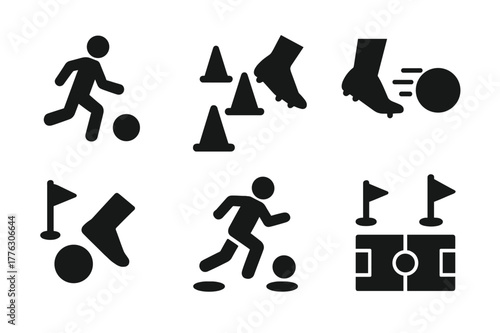 Dribbling Icons Set. Dribbling practice. Filled icon set of dribbling practice: player controlling ball,