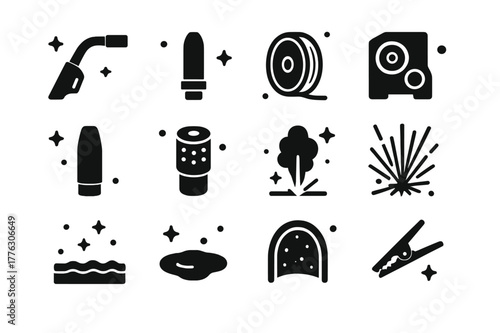 MIG Welding Icons. MIG welding sparks macro. Solid icons set of MIG welding sparks macro: MIG gun, contact tip, wire spool, wire feeder roller, nozzle, gas