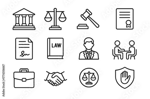 Legal Icon Set. Legal Advice and Support for Individuals and Businesses. Line icon set of Legal Advice and Support for Individuals and Businesses: courthouse,